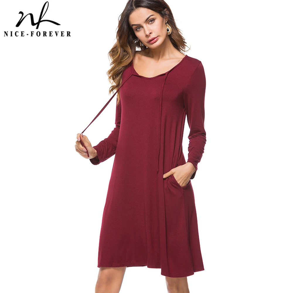 

Nice-forever Women Causal Long Sleeve vestidos Work Office Business Loose Shift Straight Dress btyT021