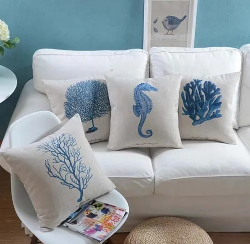 

Sea Horse Coral Cushion Covers Blue Series Pillow Cases Ocean Life Pillows Covers Bedroom Sofa Decoration