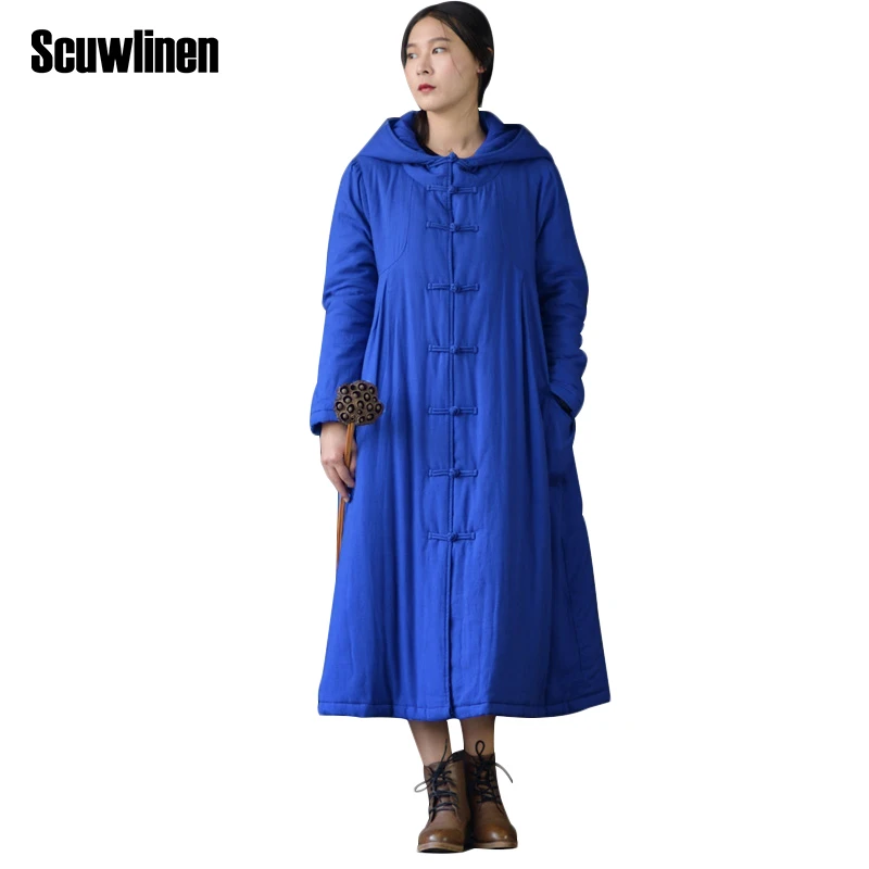 

SCUWLINEN Women Parka 2017 Winter Jacket Women Solid Vintage Loose Big Hood Handmade Plate Butoons Long Cotton-padded Coats S275