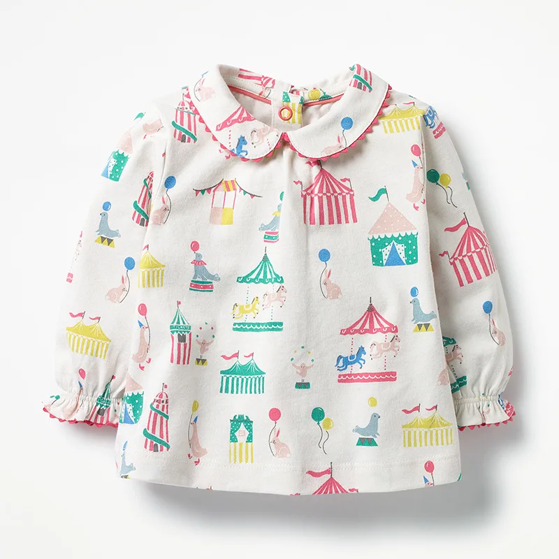 

Little Maven New Autumn Spring Kids Beige Peter pan Collar Circus Printed Full- sleeved Cotton Knitted Girls Casual Tshirt