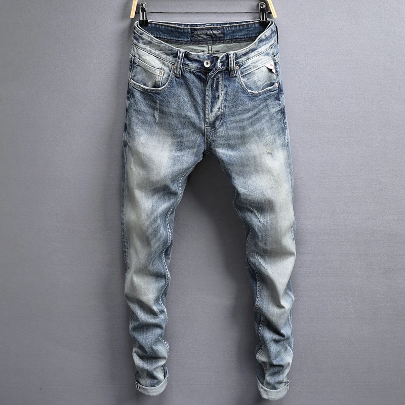 Italian Style Fashion Men Jeans Light Blue Slim Fit Denim Buttons Pants ...