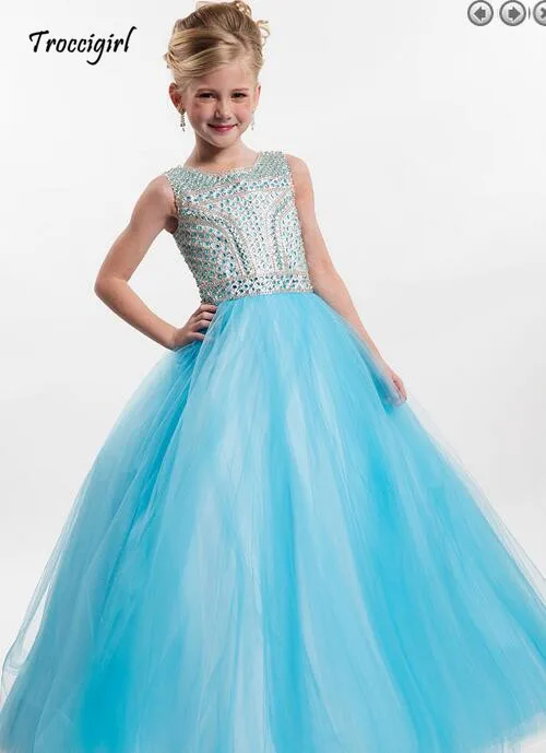 

Sky Blue Sleeveless Ball Gown Rhinestone Girl pageant Dress In Stock