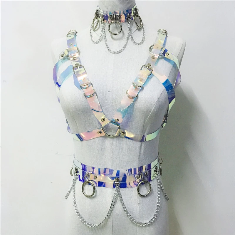 

Handcrafted Goth Holographic PVC Choker Laser Crop Top Link Chain Waist Belt Sexy Rave Festival Outfits Harness Belt 3 Piece Set