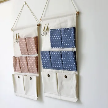 

Zakka Style New 7 Pockets Hanging Dyadic Storage Bag Wall Hanging Hook Bag Multilayer Groceries Organizers