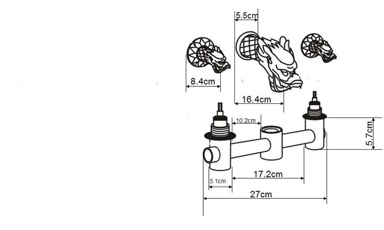 Двойные ручки античная латунь Широкое Дракон узор Ванная комната раковина кран Настенные Роскошные
