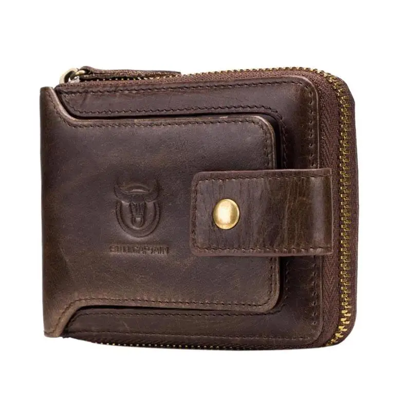 BULLCAPTAIN мужской двойной молнии короткий кожаный кошелек-клатч кошелек держатель для карт - Цвет: Coffee