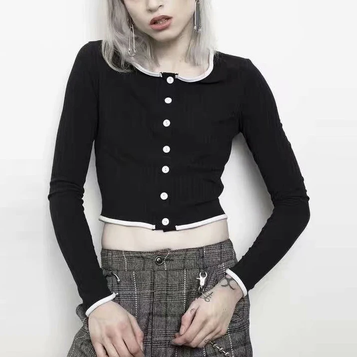 

Korean Style Women O-neck Front Single Breasted Button Long Sleeve Knitted Open Stitch 2 Colors Women Cotton Slim Crop Cardigans