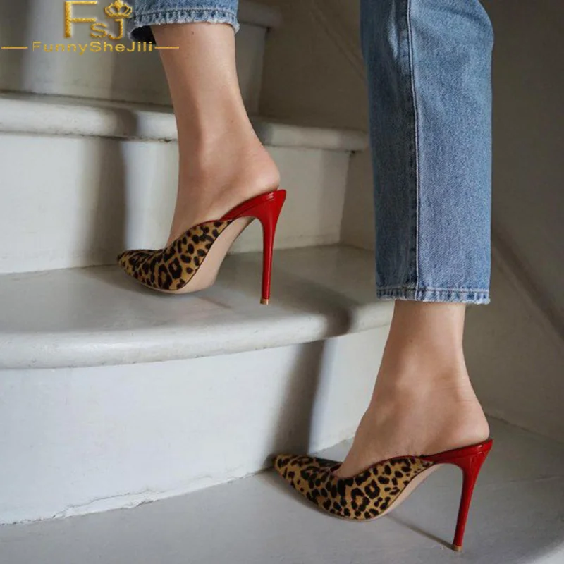 

Leopard Print Stiletto Heel Slippers Pointy Toe Pencil High Heels Mules Summer Date Sandals Elegant Woman Shoes 2019 US 16 FSJ