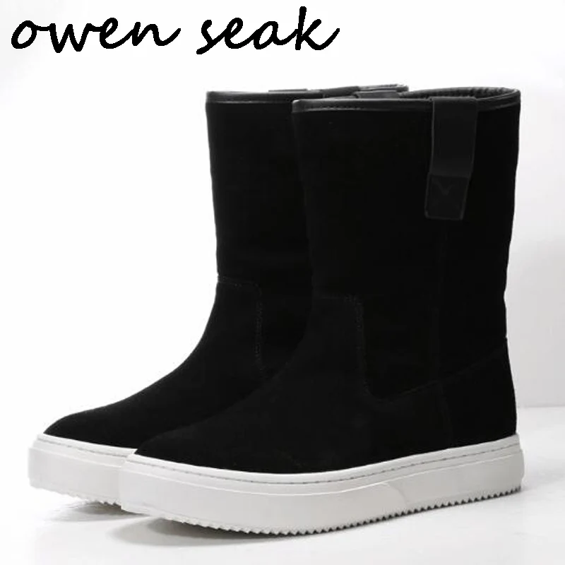 

Owen Seak Men Boots Luxury Trainers Genuine Leather Fur Boots Casual High Top Winter Snow Shoes Flats Black Men Sneaker