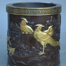 Bi001579 " Династия Китайский Дворец Фиолетовый Бронзовый 24 К Золото Позолота птица Кисть Пот карандаш ваза 05