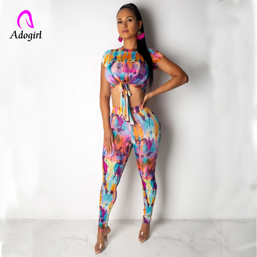 

Tracksuit Tie Dye Sexy 2 Piece Set Women Short Sleeve Crop Top+fitness Pant Summer Clothes Two Piece Matching Suit Club Outfits