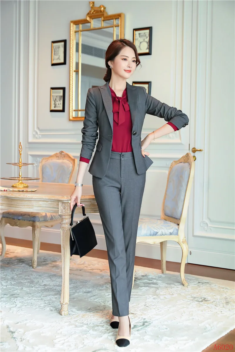 Formal Women Pant Suits Grey Blazer 