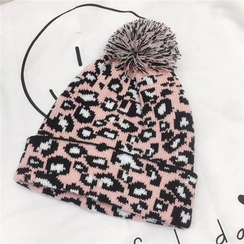 Женская зимняя теплая шапка с леопардовым принтом и вязанными рукавами плюс бархатная шерстяная шапка Ретро зимние шапки для женщин Зимняя теплая - Цвет: PK