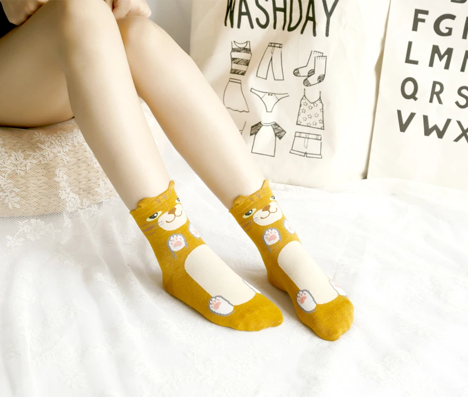 Funny Cute Cat Cartoon Women Socks Autumn Winter Lady's Sock korean Fashion Candy Color Creative Warm socks White Yellow Gray (10)