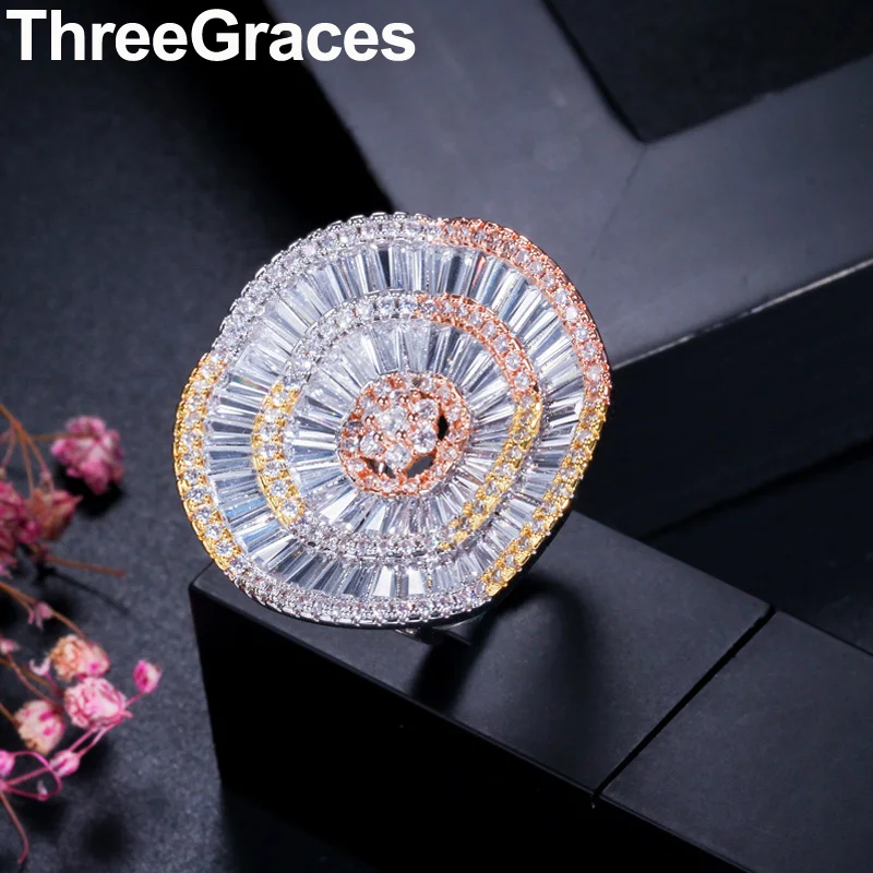 

ThreeGraces Gorgeous Silver Yellow Gold Color CZ Setting Luxury Cubic Zirconia Big Round Rings for Women Costume Jewelry RG097