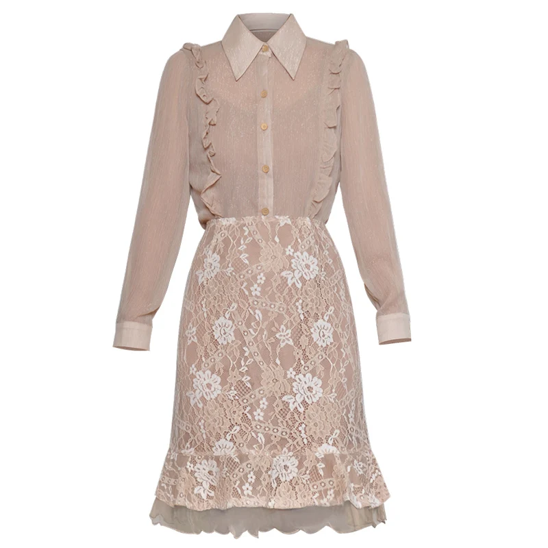 Manches Volants 2 down Chemises Tenue Pièces Jupes Beige Longues Outfit Pièce Nu Deux Mode Femmes Blouse Dentelle À Définit Turn Col 7qz4C