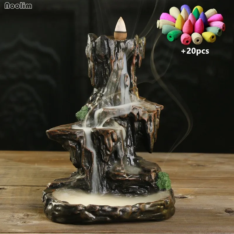 

Creative Resin Backflow Incense Burner Mountain Smoke Waterfall Censer Holder Home Office Decor + 20pcs Incense Cones