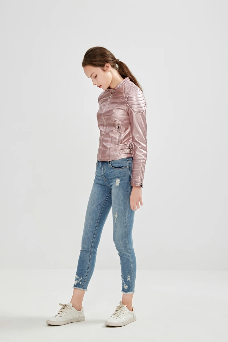 2020 Fashion Women Elegant Zipper Faux Leather Biker Jacket in Brown Black Slim Ladies Coat Casual brand Motorcycle Leather Coat