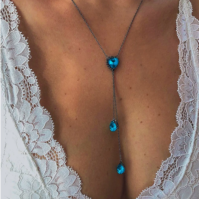 1 Pcs Women Fashion Boho Blue Crystal Long Water Drop Pendant Multilayer Necklaces Collar Vintage Choker Wedding Party Jewelry | Украшения