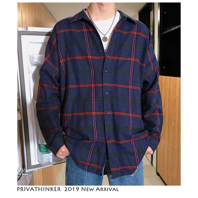 

Privathinker Harajuku Plaid Shirts Mens 2019 Casual Cotton Designer Long Sleeve Shirt Men High Quality Korean Fashions Clothing