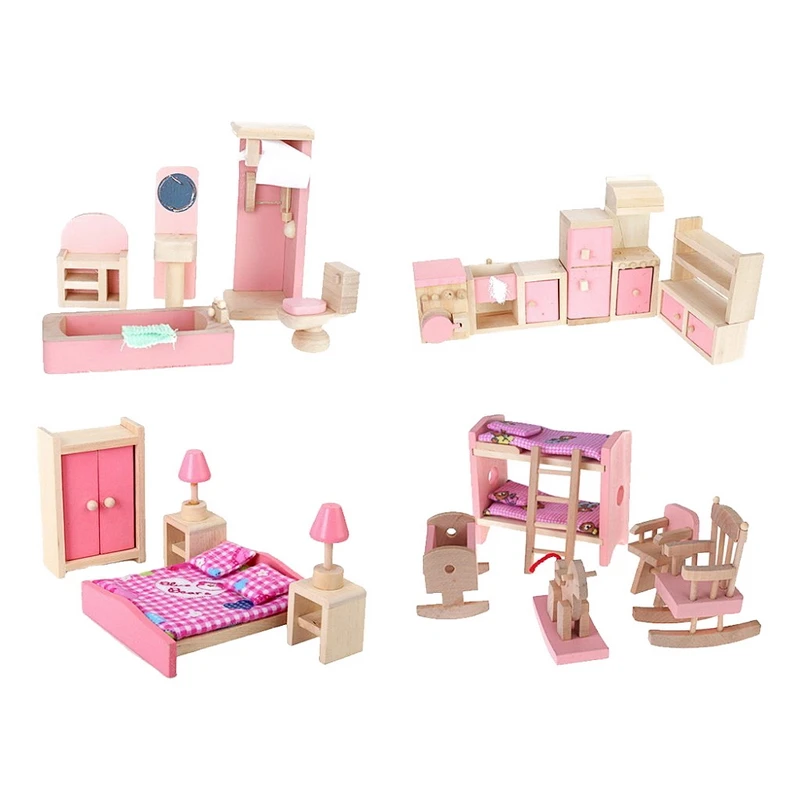 4 sets Dollhouse Miniature Furniture Wooden font b Toy b font 3D DIY Dolls House Assembly