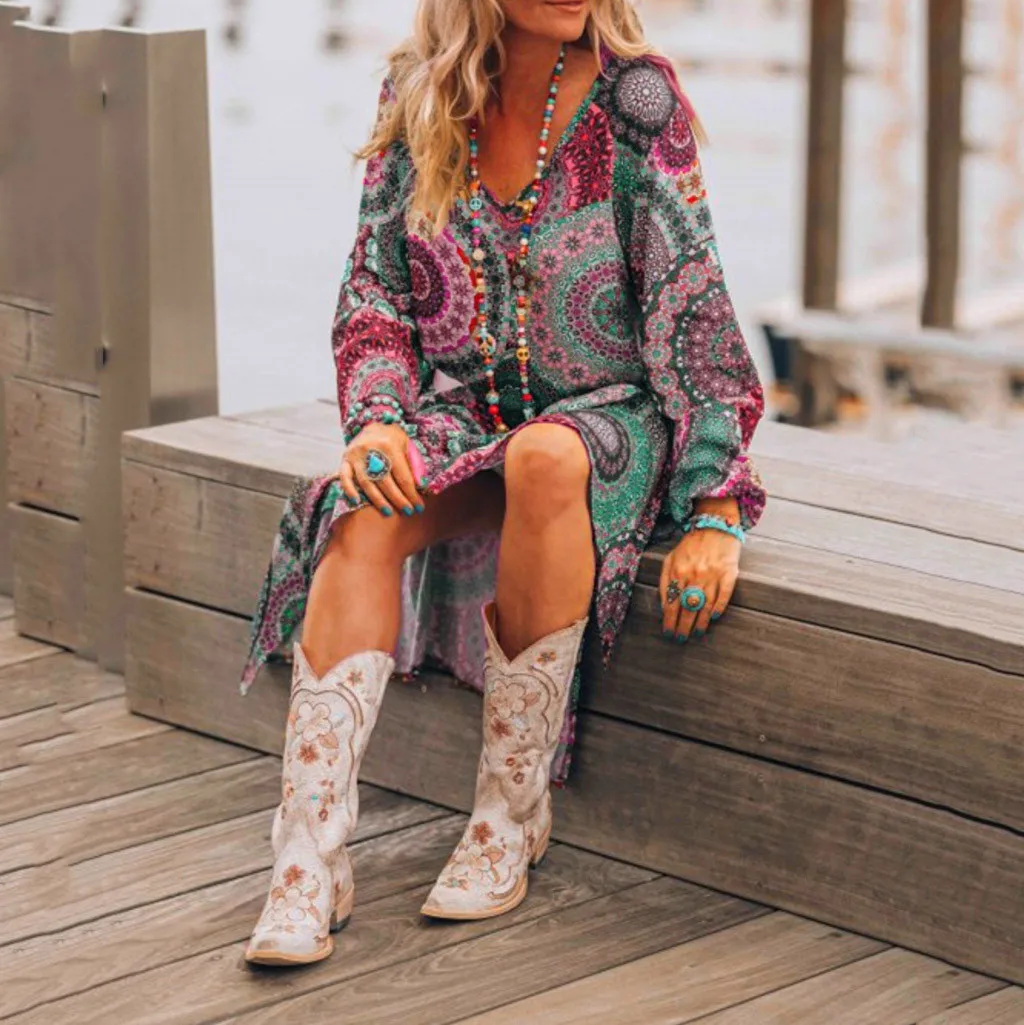 

Dresses Fashion Boho Dress Women Lace Long Sleeve V-Neck vestidos 2019 Casual Vintage Print Short Beach Dress Feminine