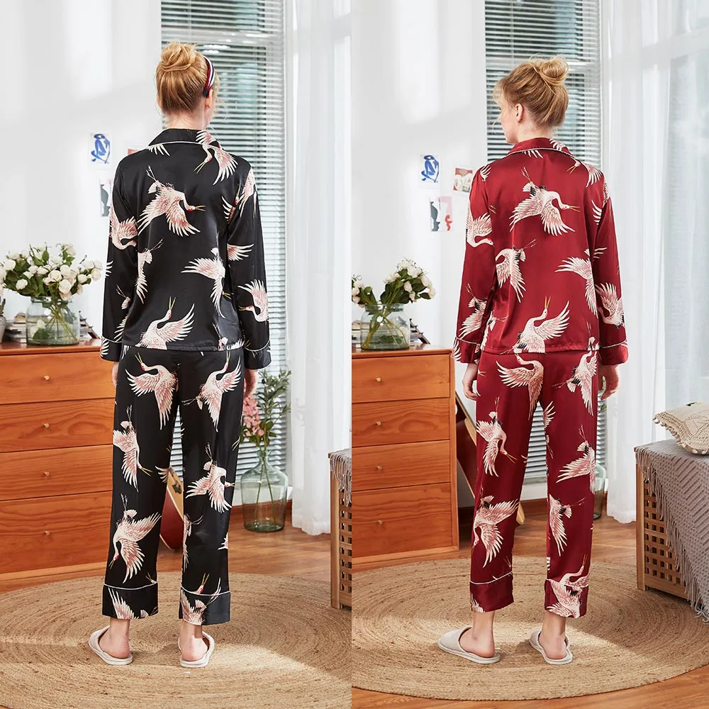 Женские Пижамные брюки, домашний сервис, Двухсекционный весенний летний имитационный шелк, пижамы с длинными рукавами с красным коронованным лебедем