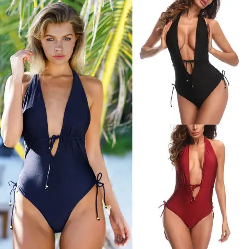 Womens Sexy Bandge Deep V Neck Swimming Costume Backless Swimsuit