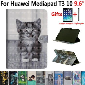 

Animal Case for Huawei Mediapad T3 10 9.6 AGS-L09 AGS-L03 AGS-W09 Cover Funda Capa Pu Leather Smart Shockproof Shell +Film+Pen