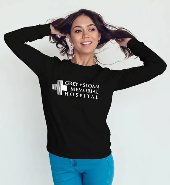 Серый SLOAN Мемориал больницы Crewneck Графический Tumblr с длинным рукавом Повседневное