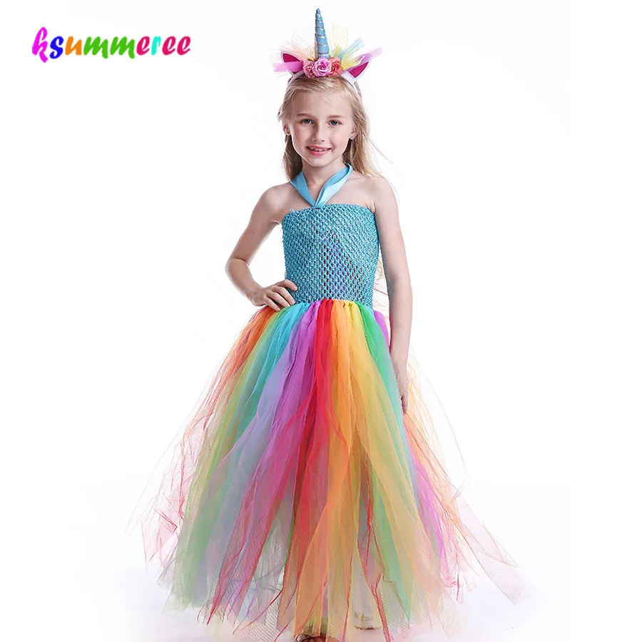 Kids Rainbow Unicorn Tutu Dress Baby Girls Halloween Cute Pony Costume Children Cosplay