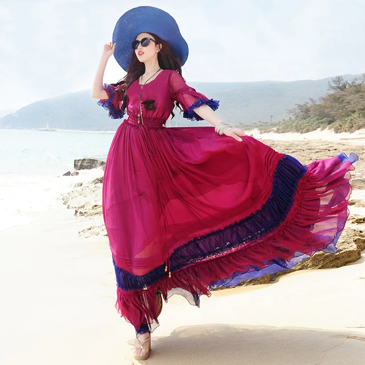 

2019 High Quality Ethnic Style Trip Dress Summer O- Neck Flare Sleeve Patch Bohemia Ruffles Long Chiffon Dress