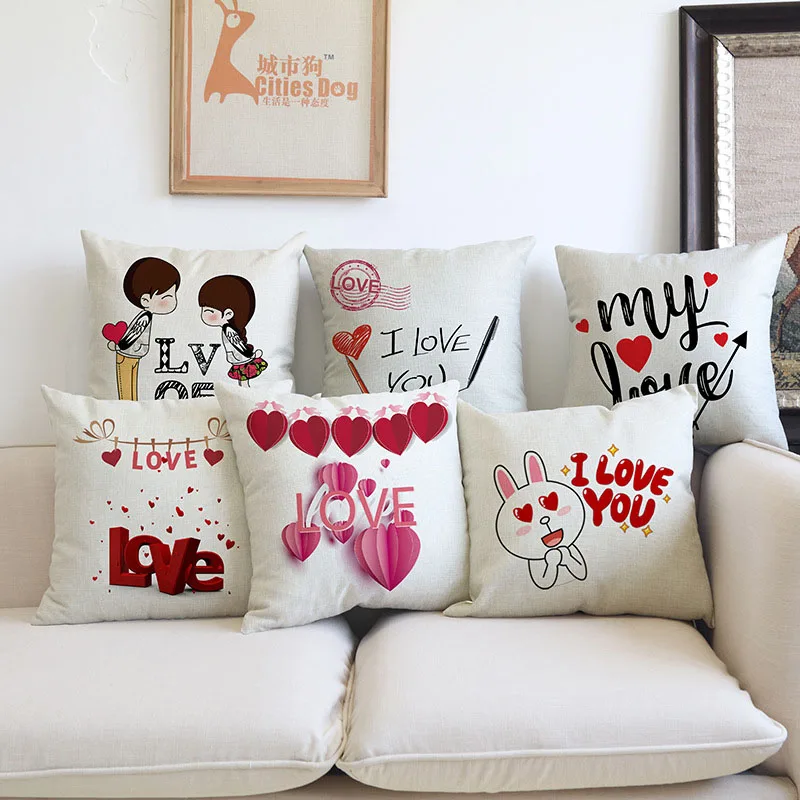 Cartoon Happy Valentine Pillow Cases Cotton Linen Sofa Cushion Soft Cover Best 