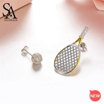 

SA SILVERAGE 925 Sterling Silver AAA Zirconia Tennis Asymmetry Stud Earrings for Woman 925 Silver Gold Color Earrings Party