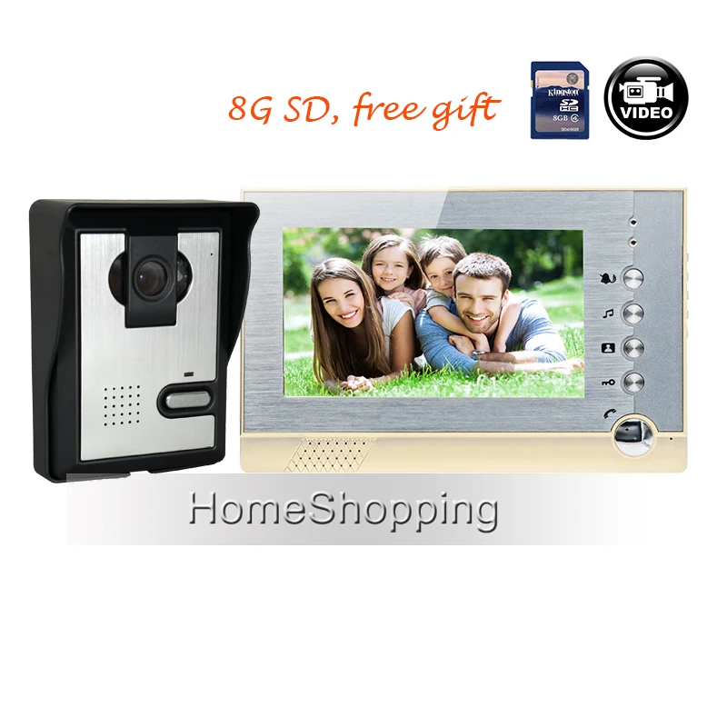 

FREE SHIPPING 7" Color Screen Video Intercom Door Phone System 1 Recording Monitor + 1 Night Vision Door Camera + 8G SD In Stock