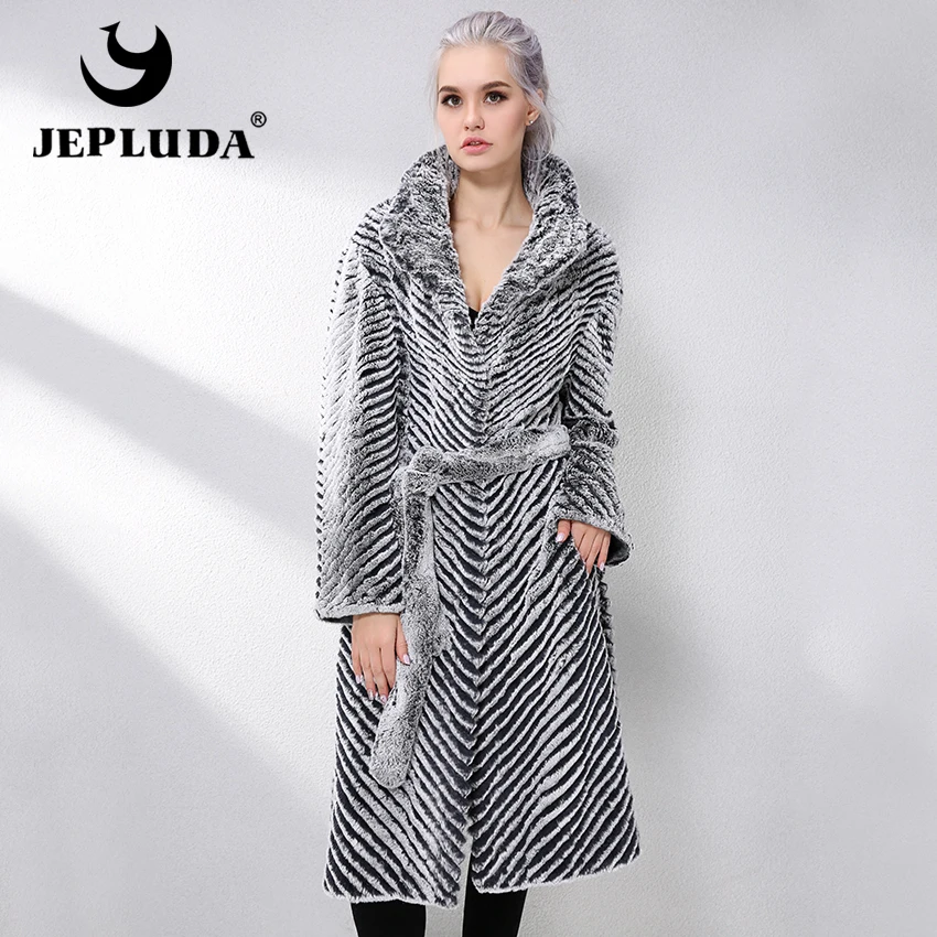 JEPLUDA New Real Fur Coat Double-sided Wool Blends Cloak Knitting Natural Real Rex Rabbit Fur Coat Genuine Leather Jacket Women