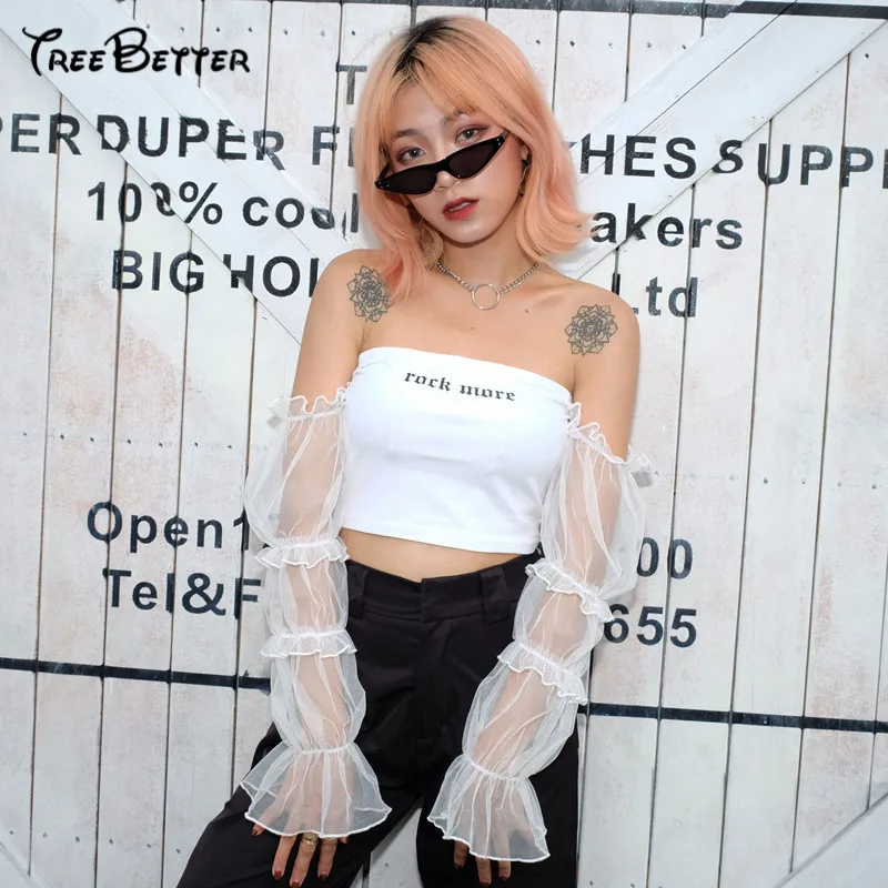 

Sexy Cropped Mesh Long Sleeve Patchwork t shirt Summer Black Letter Print tshirt 2018 Streetwear Backless Crop Top Shir