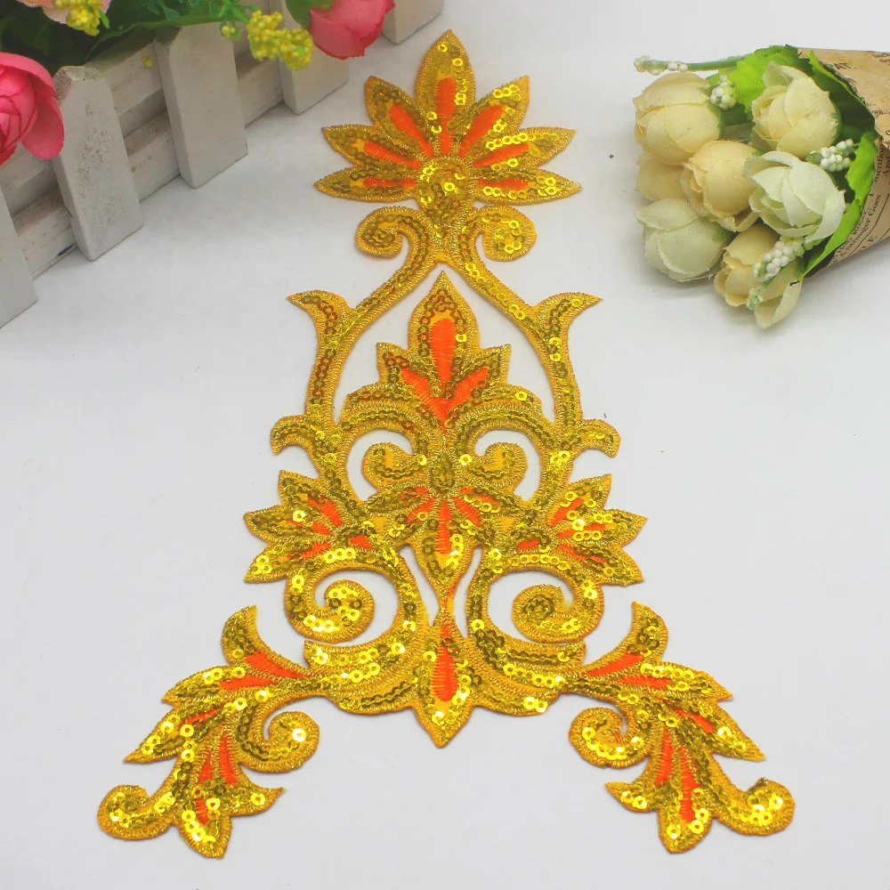 

Iron On Patches Sequined Lace Appliques 5 Pcs/Lot Flower Sparkle Embroidered Diy Cosplay Trims For Performance Dress 16*26cm