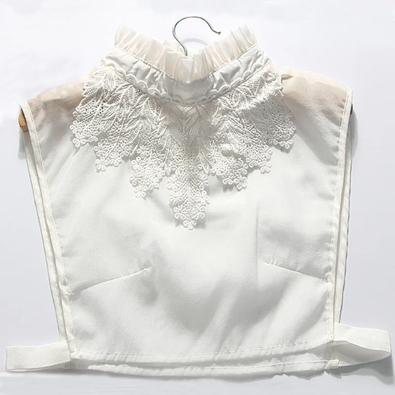 Women ruffled stand up collar lace decorative white chiffon fake