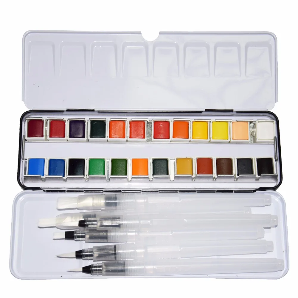 24 Colors Pigment Solid Watercolor Tin Box Paints Set With 6pcs