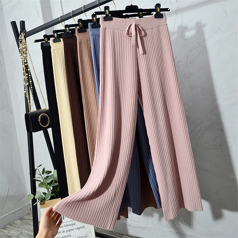 

Spring Summer Cool Chic Draw Strings Knitted Wide Leg Ankle Length Pants for Women Female Loose Casual Rib Knit Trousers