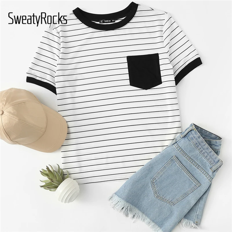 SweatyRocks полосатая футболка с цветными блоками и накладными карманами, женская футболка с круглым вырезом и коротким рукавом, топ, летняя футболка для активного отдыха