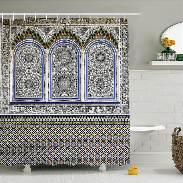 Arabian Decor Shower Curtain Set Nostalgic Moroccan Architecture With Stone Carving And Motifs