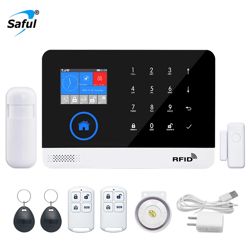 

Saful WIFI home alarm system 3G GSM GPRS Menu operating APP multi-language remote control RFID card Wireless support 3G SIM