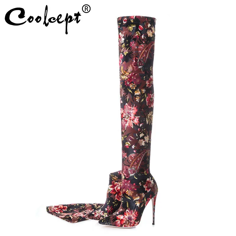 

Coolcept Women Over The Knee Boots Fashion Print Fall Winter Stretch Shoes Women Sexy Party Pointed Toe Thin Heels Size 33-43