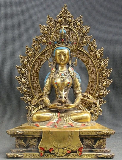 

0 10" Tibet Buddhism Bronze Gold Amitayus longevity God Goddess Buddha Statue