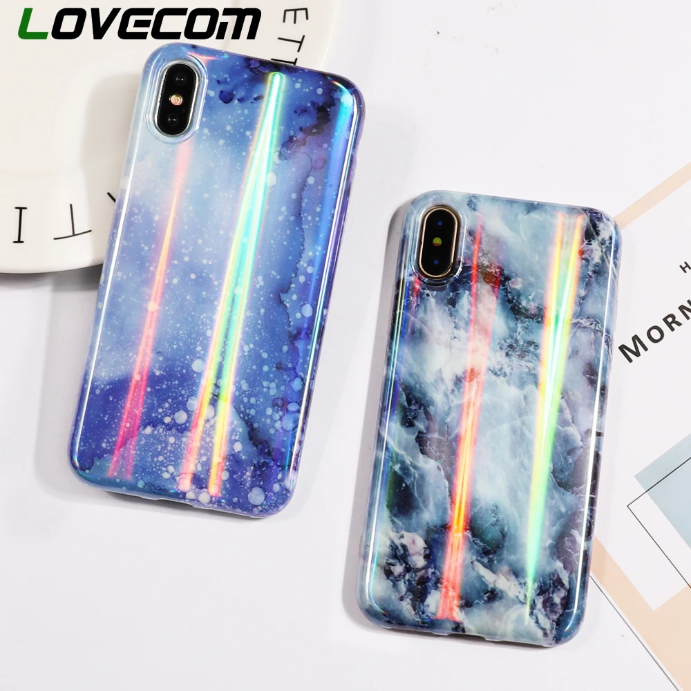 

LOVECOM Pink Blue White Marble Pattern Aurora Laser Light IMD Soft Phone Case For iphone 6 6S 7 8 Plus XS X XS MAX XR Fundas