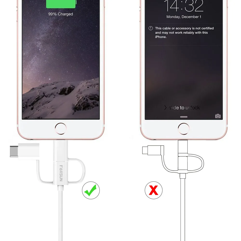 USB кабель Foxsun 3 в 1 для iPhone зарядный Micro Type C Samsung S8 Lightning 8 Pin синхронизации данных 2