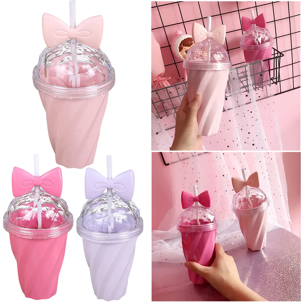 

High Quality Water Bottle 400ML Lovely Straw Cup Cold Drink Cup Plastic With Bow Lid Straw Cup Bottle Drinkware