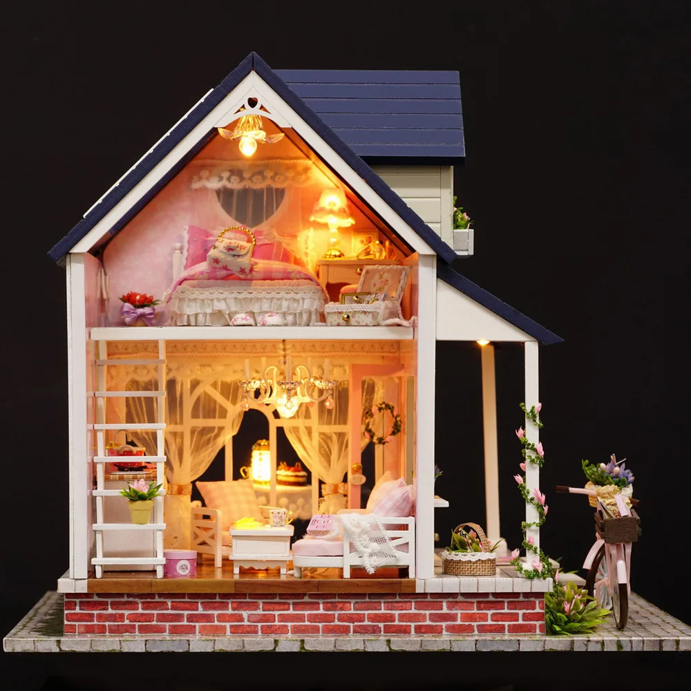 

DIY Miniature Dollhouse Large Wooden Doll House Model BICYCLE ANGEL with Music Christmas Toys for Girls Birthday Gift